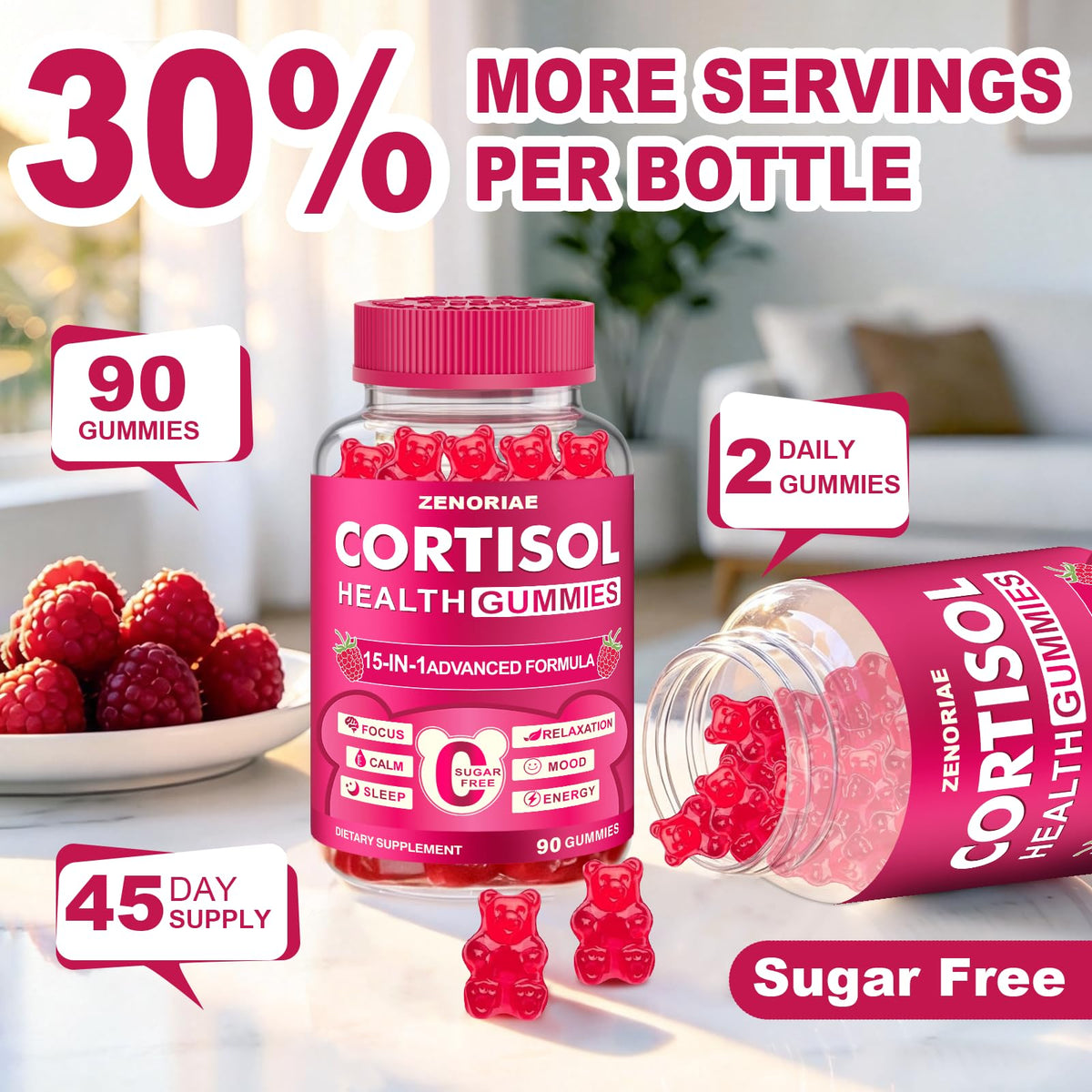 Gummies ZENORIAE Cortisol avec étiquette montrant les ingrédients