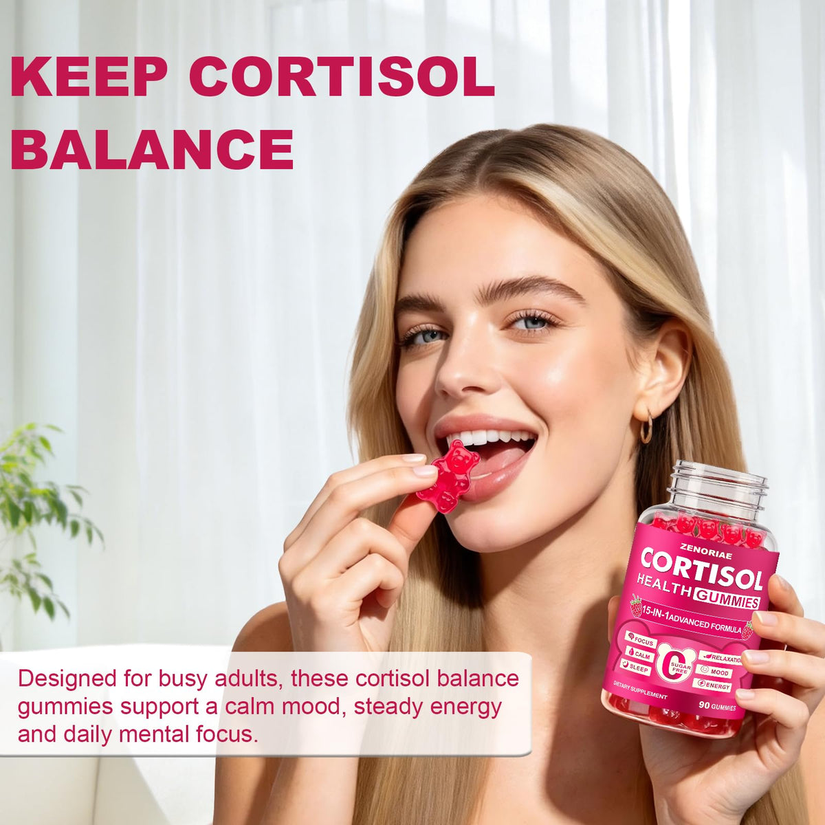 Gummies ZENORIAE Cortisol sur une table en bois