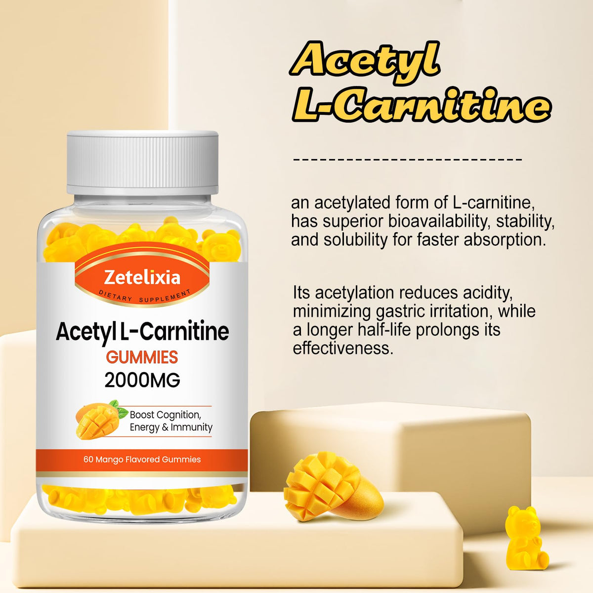 Gummies Zetelixia Acétyl L-Carnitine sur une table avec fruits