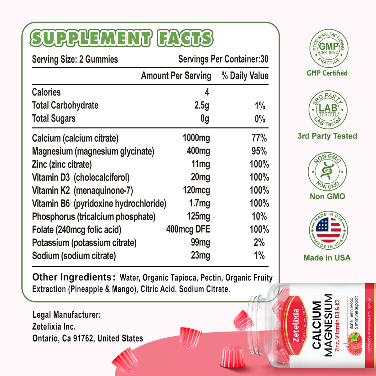 Gummies Zetelixia Calcium Magnésium Zinc goût framboise vue de dessus