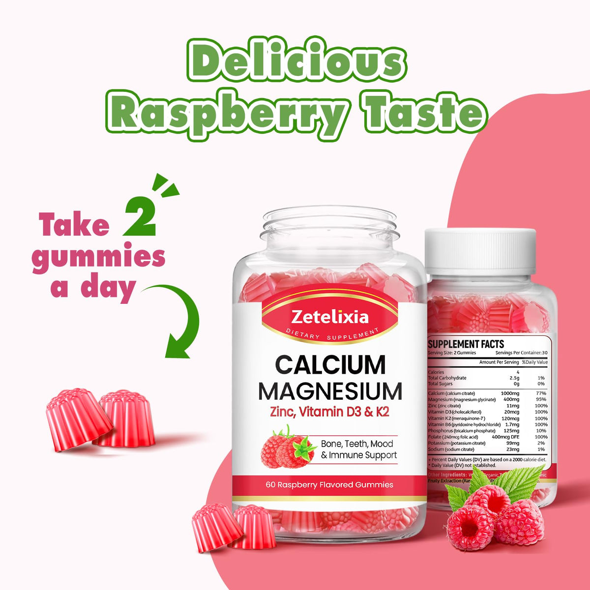 Gummies Zetelixia Calcium Magnésium Zinc sur une table avec des vitamines