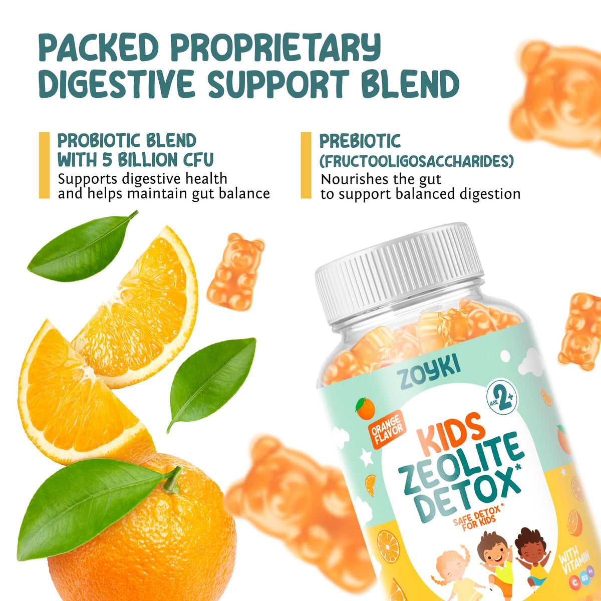 Gummies Zoyki pour Enfants sur une table, avec fruits