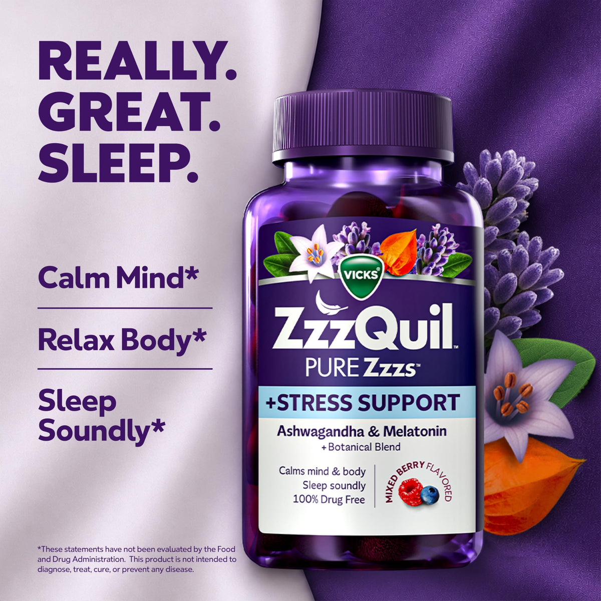 Gummies ZzzQuil de couleur mûre et vanille, vue de côté