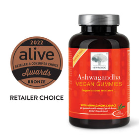 Gummy Ashwagandha NEW NORDIC sur fond blanc, goût mangue pêche