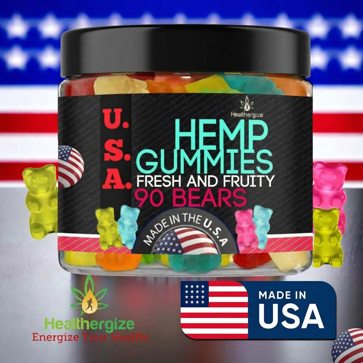 Gummy Bears Healthergize avec des fruits frais sur le côté