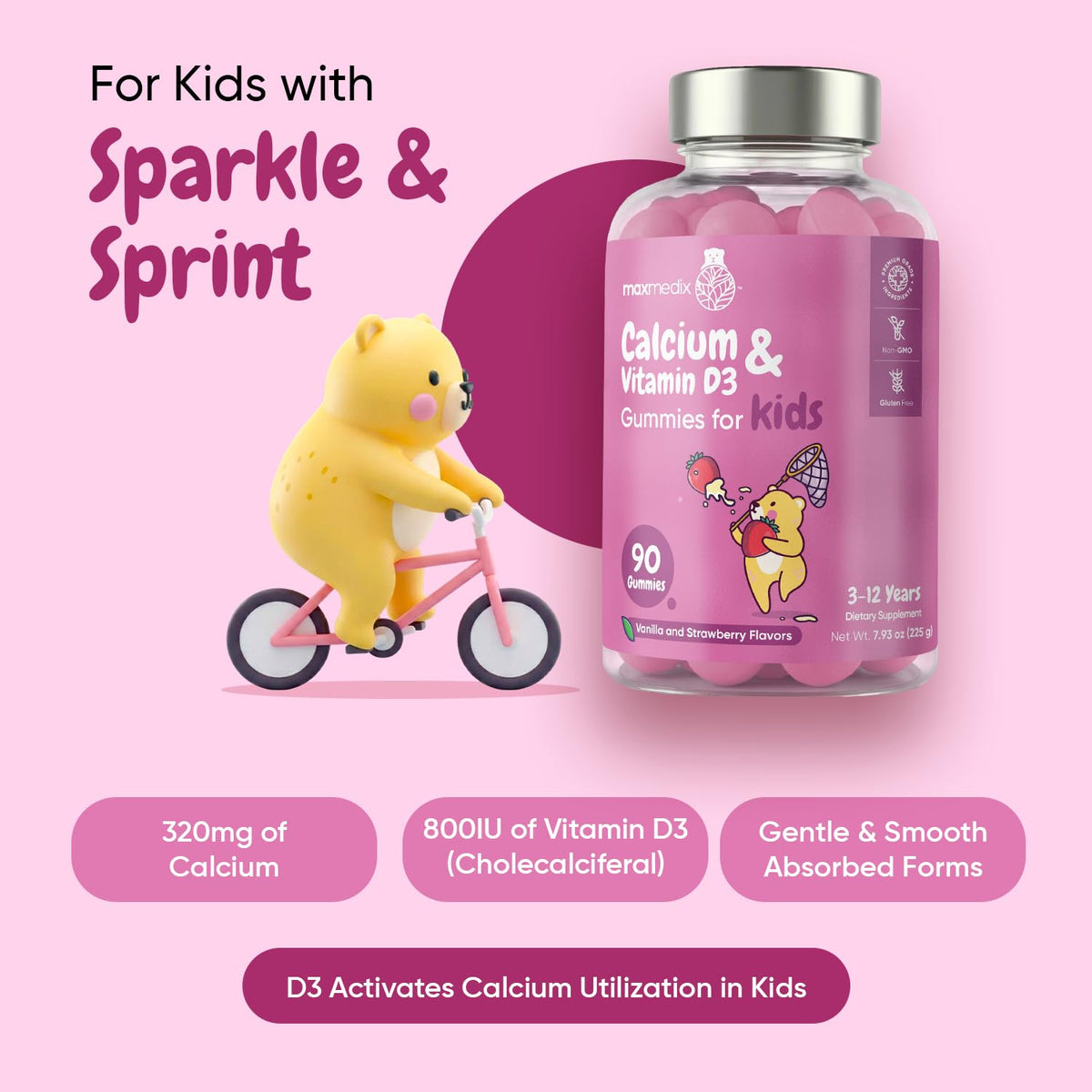 Gummy calcium maxmedix avec un goût de vanille et fraise