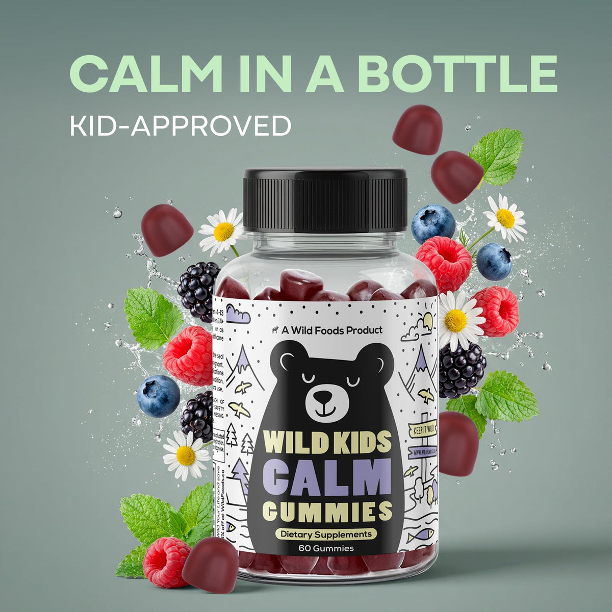 Gummy calmes Wild Foods en forme de baies, vue de près