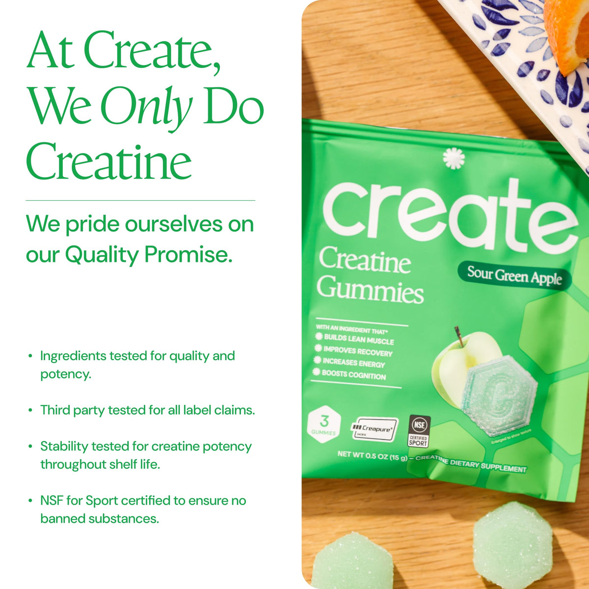 Gummy créatine Create, couleur verte pomme acide, en main