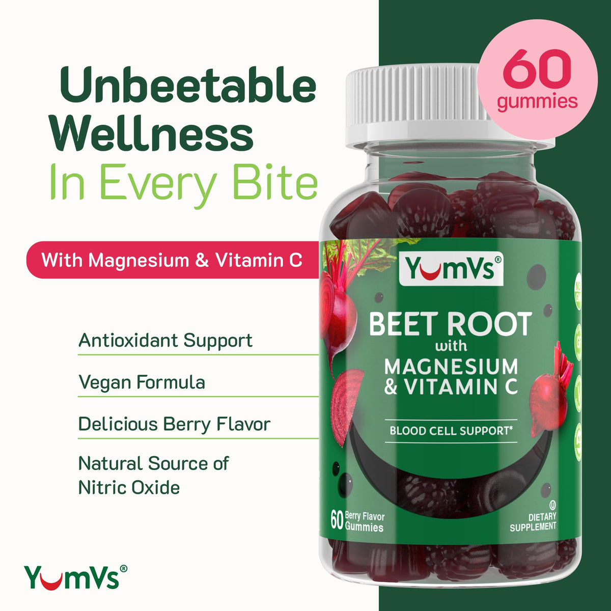 Gummy de betterave YUM-V'S avec magnésium et vitamine C