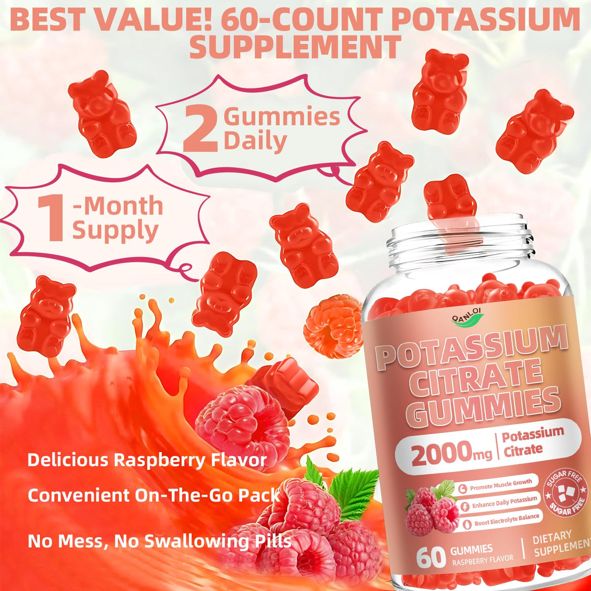 Gummy de Citrate de Potassium QANLOI dans un bol avec des framboises
