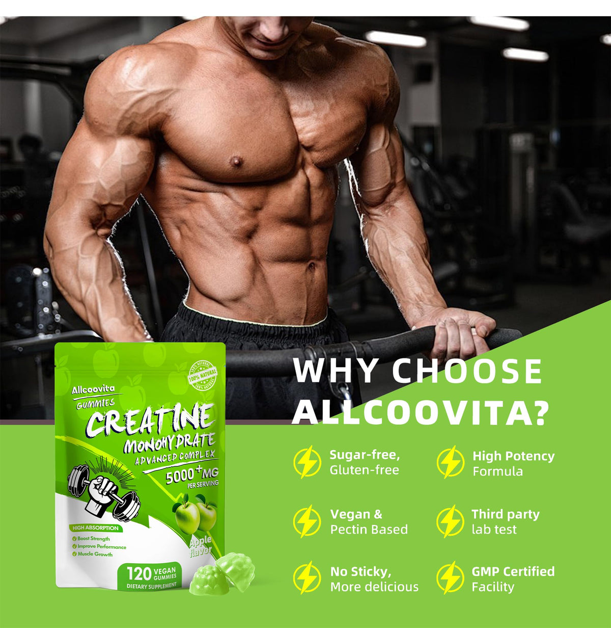Gummy de créatine Allcoovita, mise en scène avec d'autres compléments alimentaires