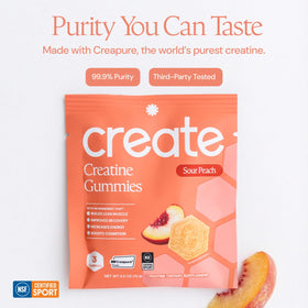 Gummy de créatine Create dans une main, vue latérale