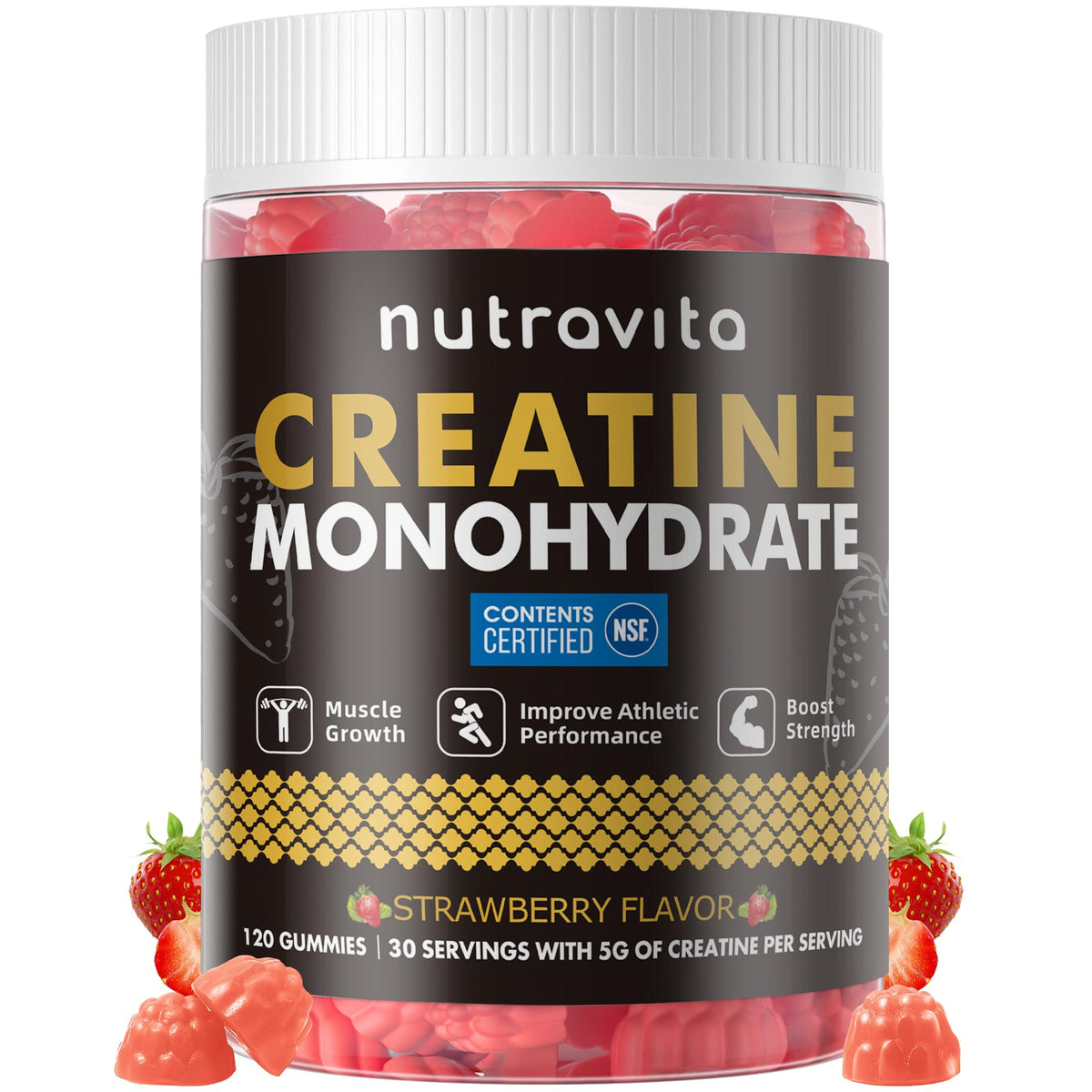 Gummy de créatine Nutravita, 120 gummies fraise, vue de face