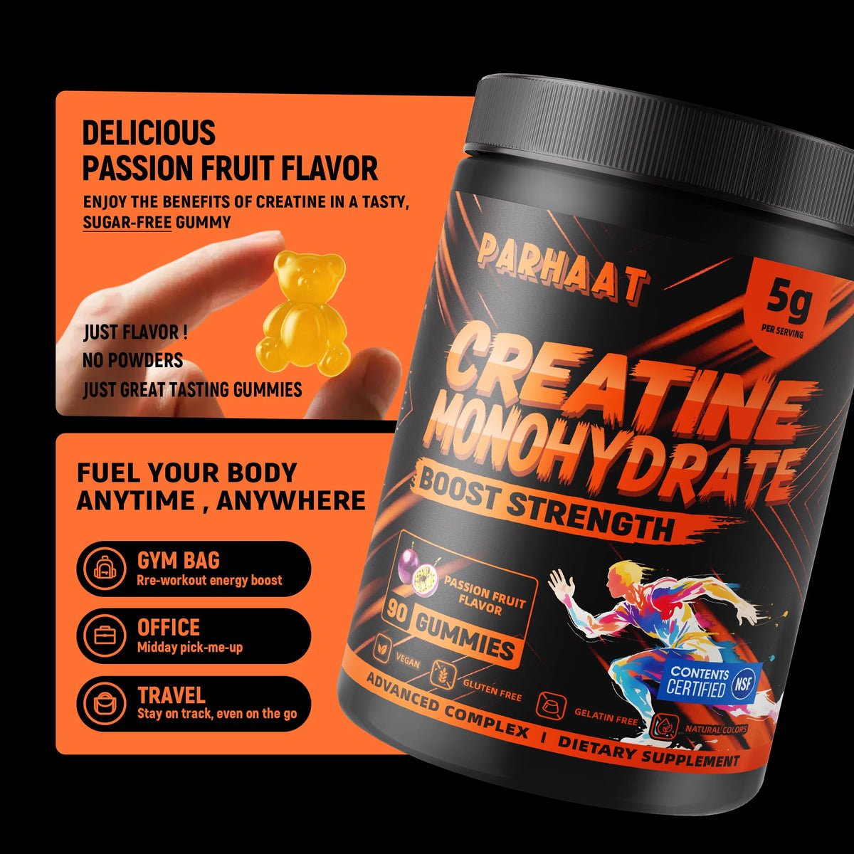 Gummy de créatine Parhaat, en gros plan, montrant le goût fruit de la passion