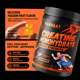 Gummy de créatine Parhaat, en gros plan, montrant le goût fruit de la passion