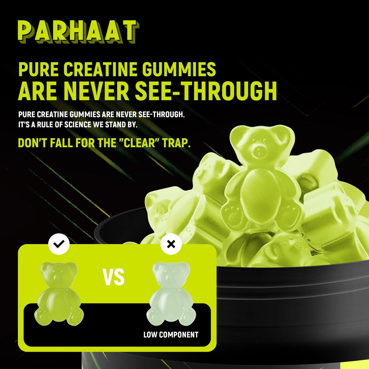 Gummy de créatine Parhaat sur une table avec des fruits
