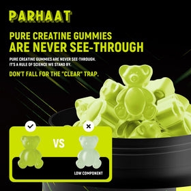 Gummy de créatine Parhaat sur une table avec des fruits
