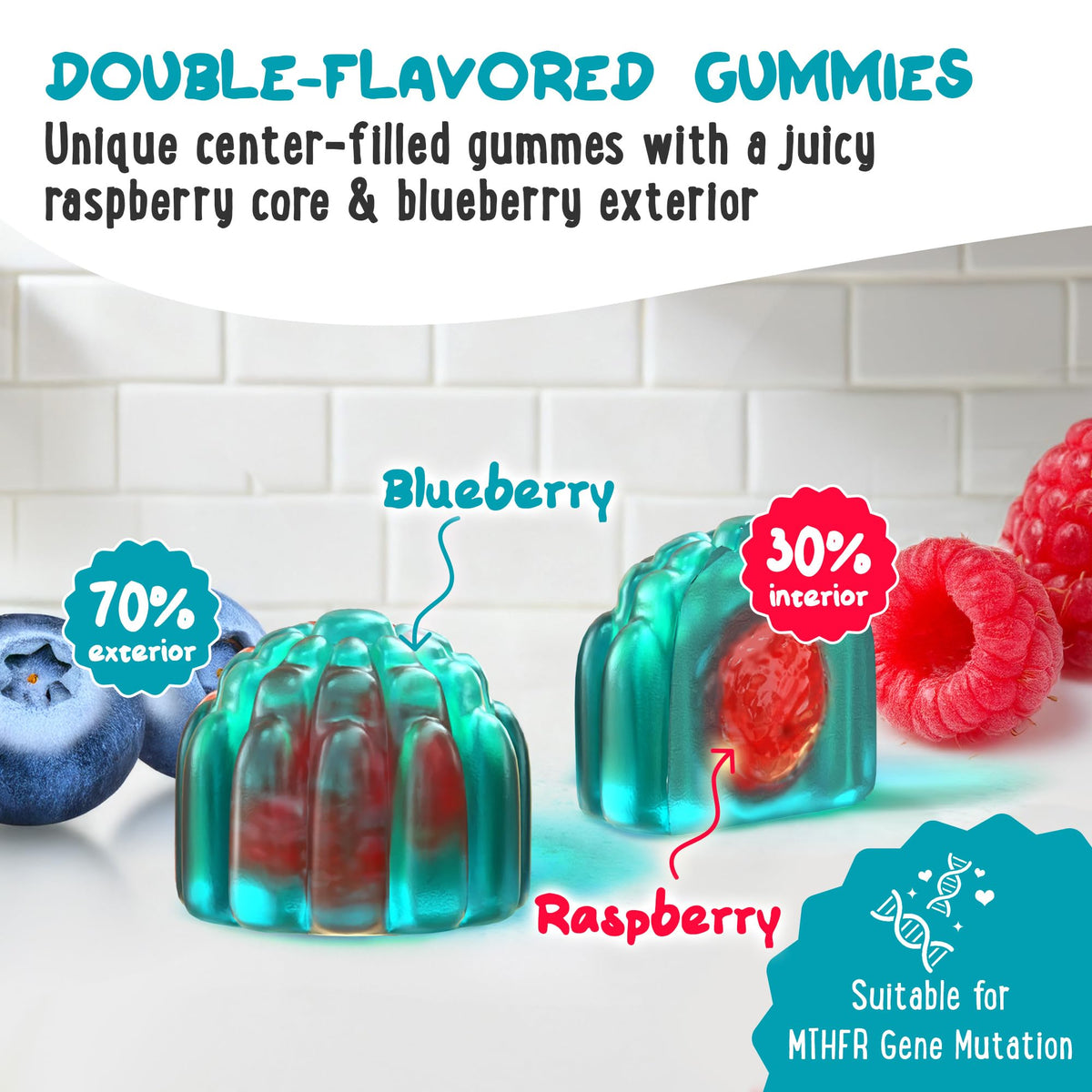 Gummy de Folate L-Méthylé avec extérieur de myrtille et cœur de framboise