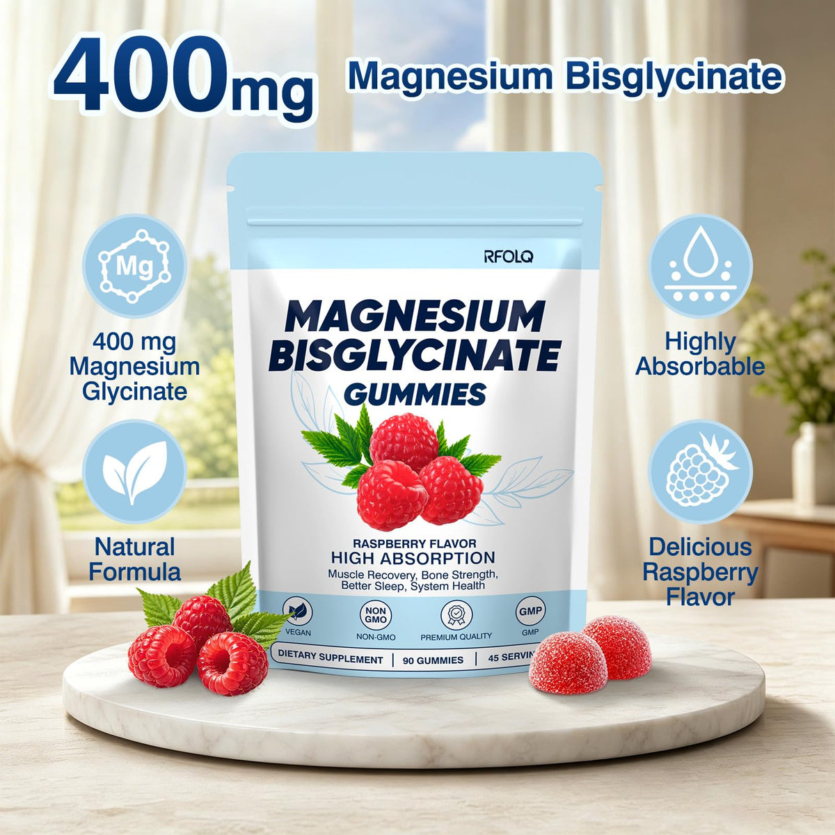 Gummy de magnésium bisglycinate RFOLQ au goût de framboise