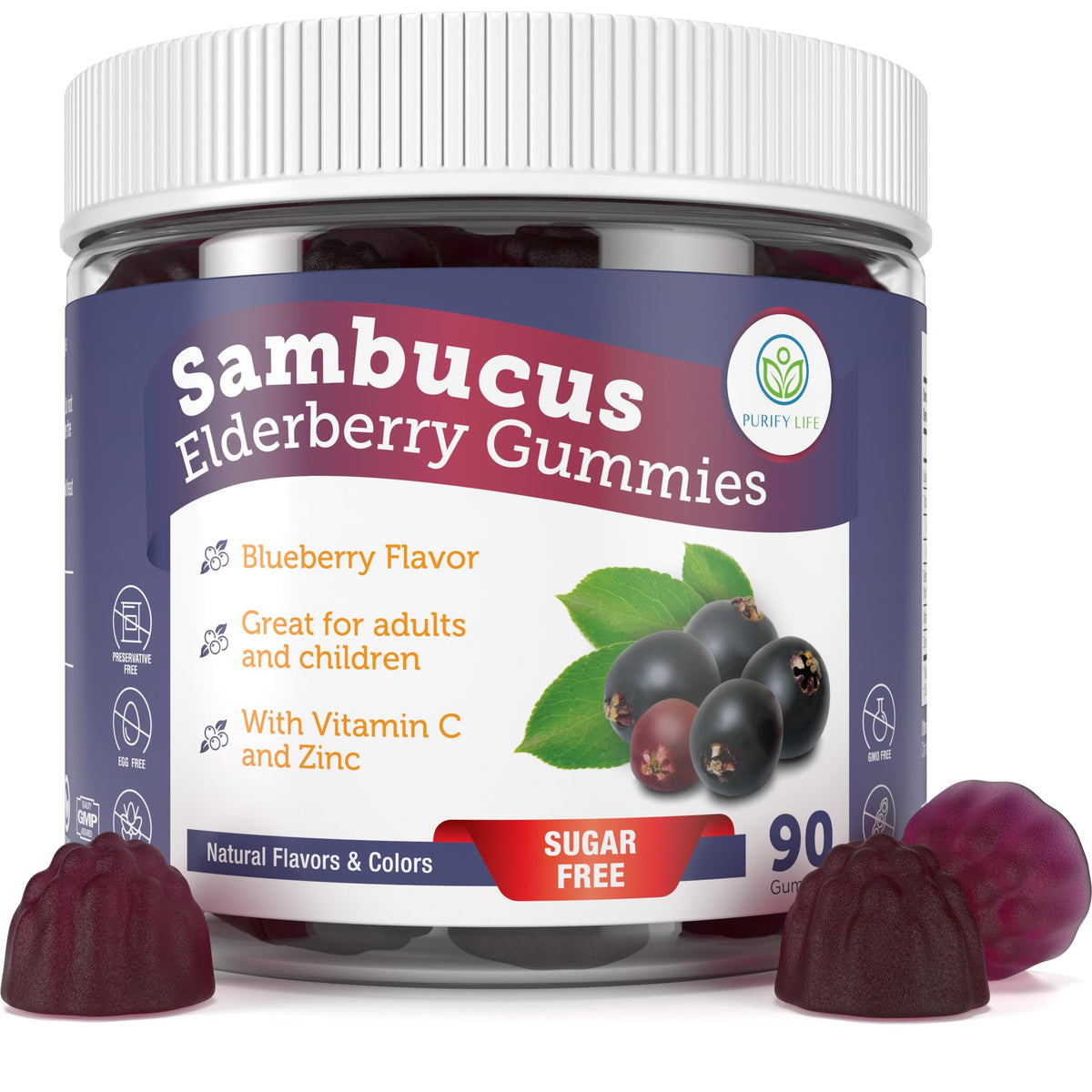 Gummy de sureau Purify Life sans sucre, 90 gummies dans l'emballage