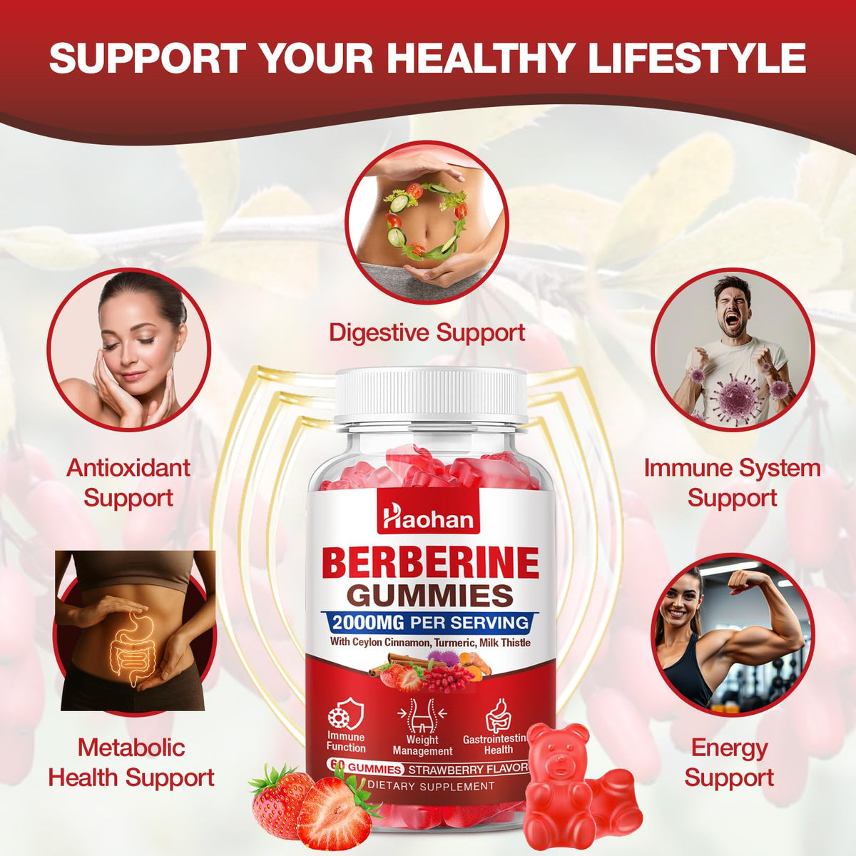 Gummy Haohan Berbérine avec une fraise à côté