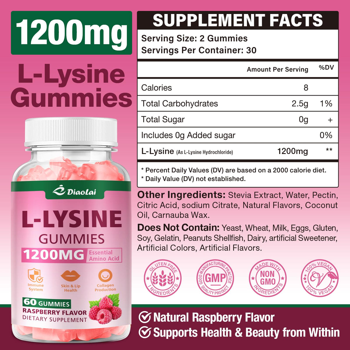 Gummy L-Lysine DIAOLAI avec goût framboise sur fond blanc