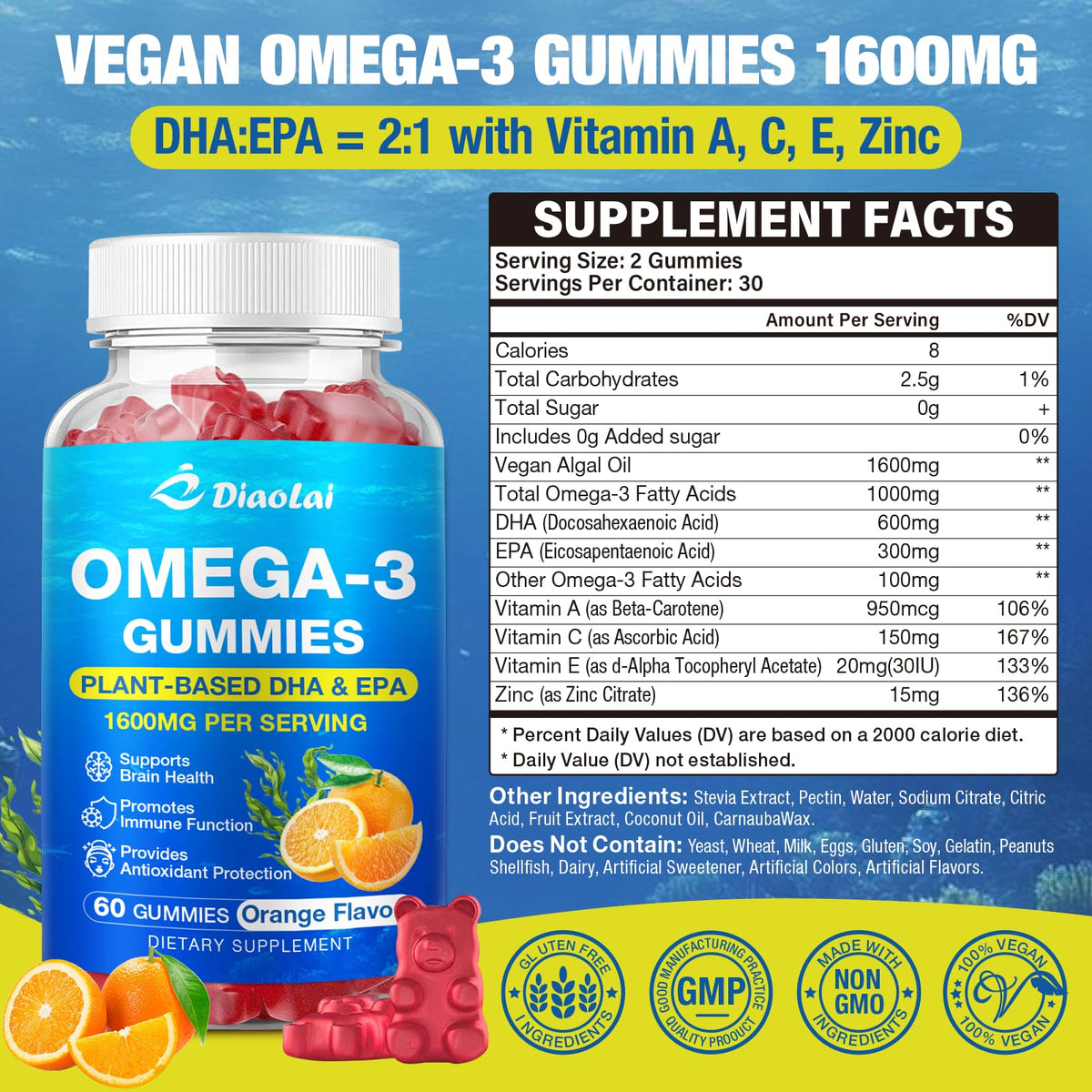 Gummy Omega-3 DIAOLAI en forme de fruit avec un goût d'orange