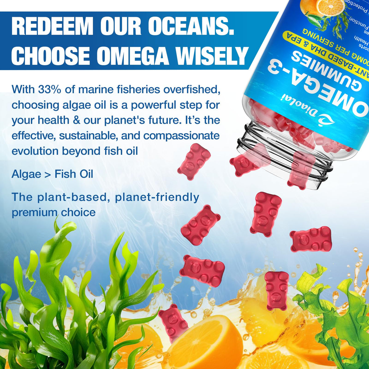 Gummy Omega-3 DIAOLAI présentée sur une table avec des accessoires de bureau