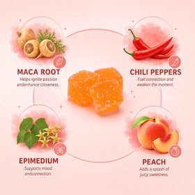 Gummy Pêche Épicée HAYTHMDC sur une table avec des fruits