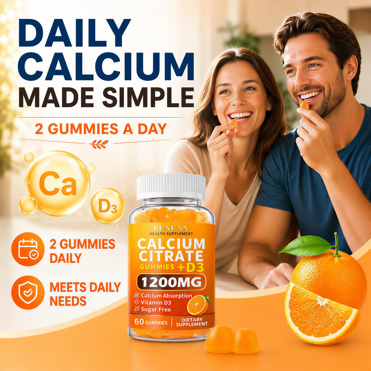 Gummy RUNUAN au calcium citrate avec un arrière-plan de fruits