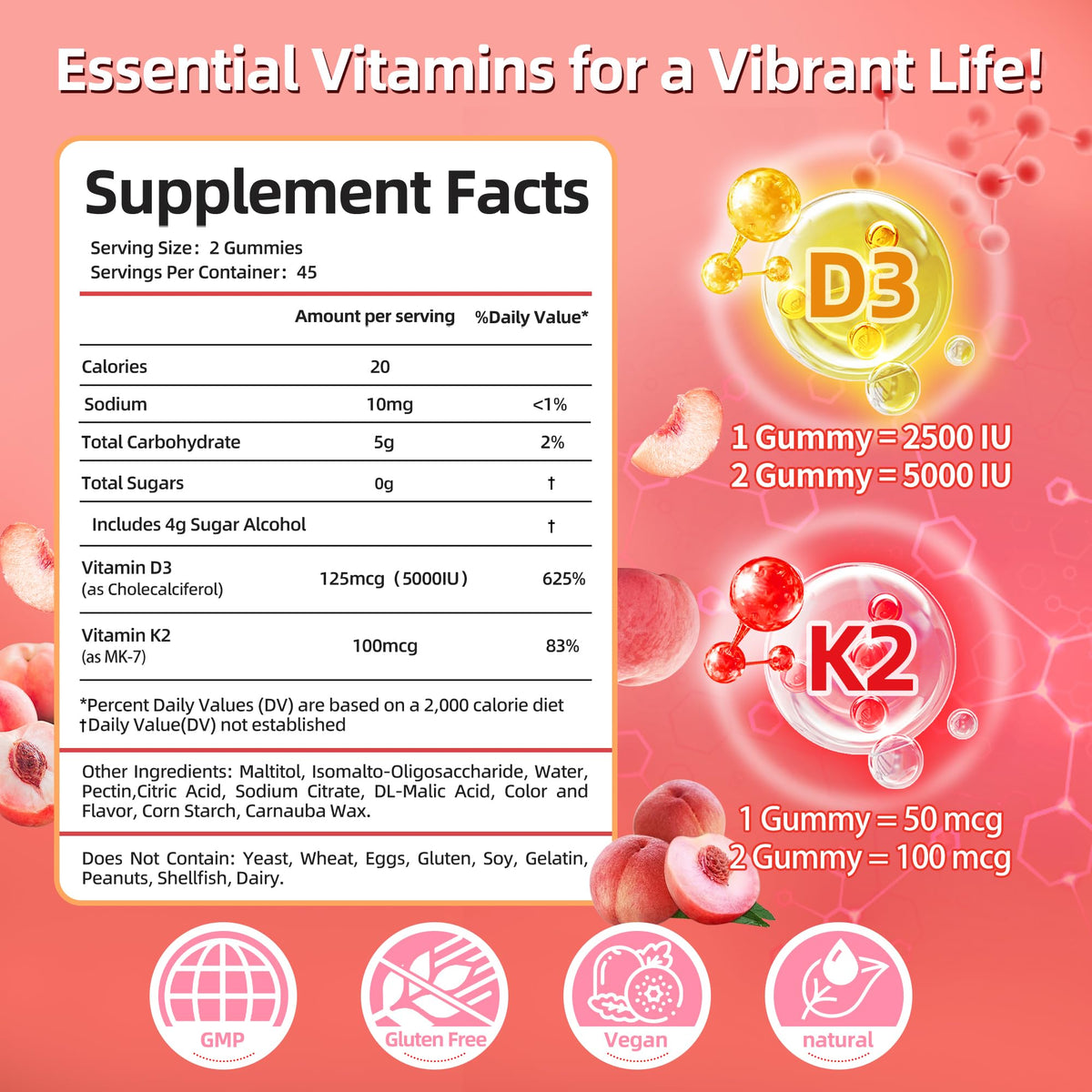Gummy Vitamine D3 K2 IRIDESICENT à la pêche, détail