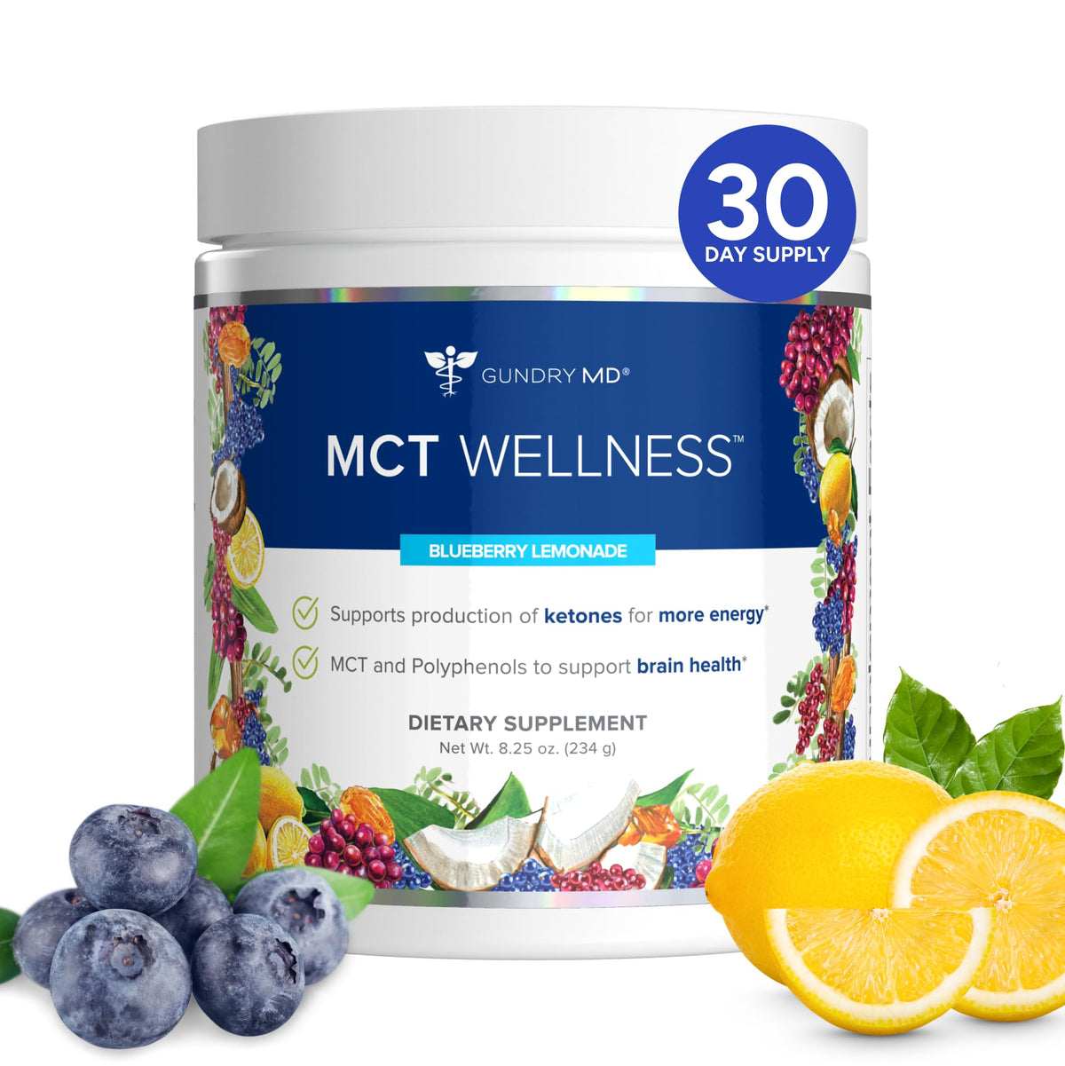 Gundry MD MCT Wellness Powder 290g saveur citron myrtille vue de face