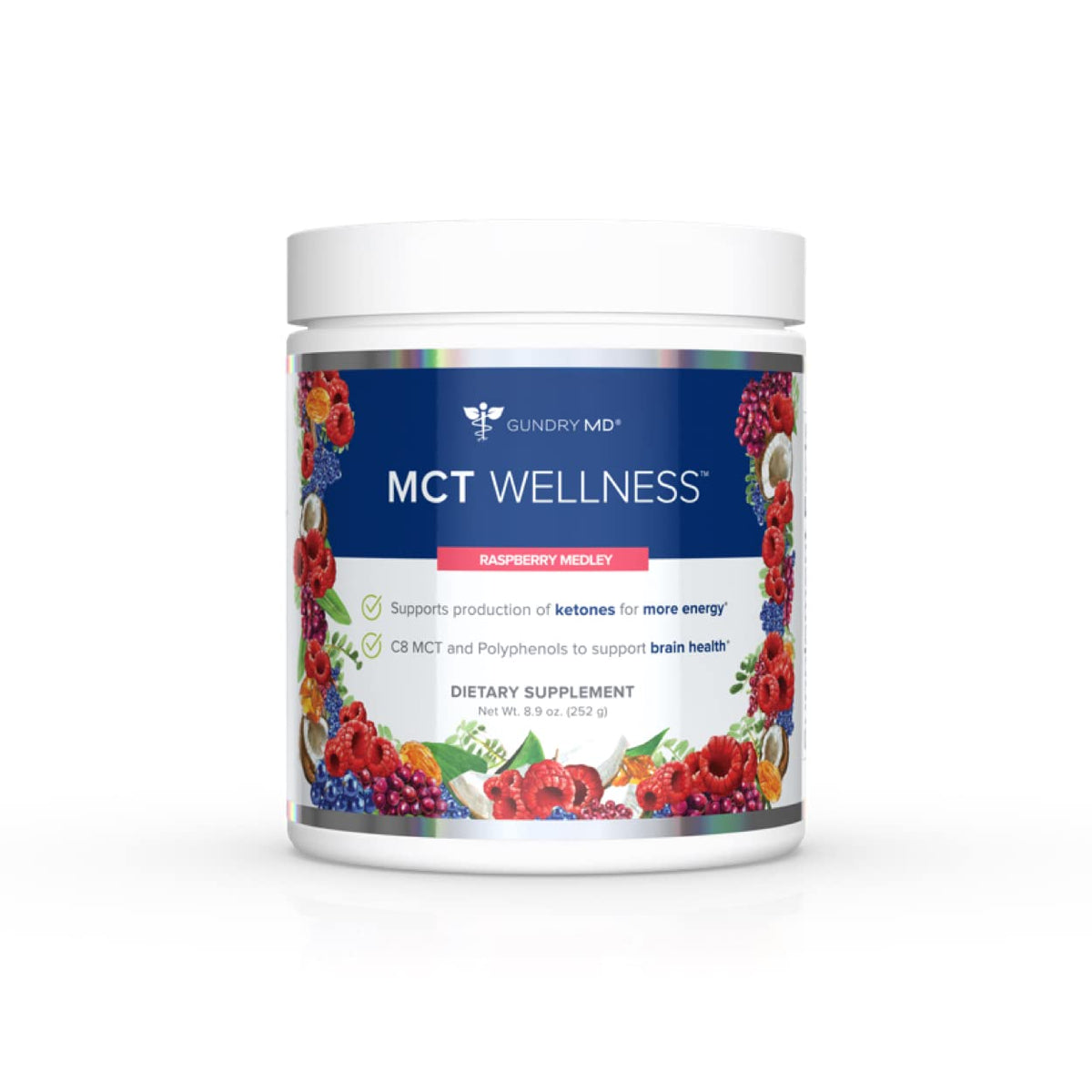 Gundry MD MCT Wellness Powder Framboise vue avant du contenant