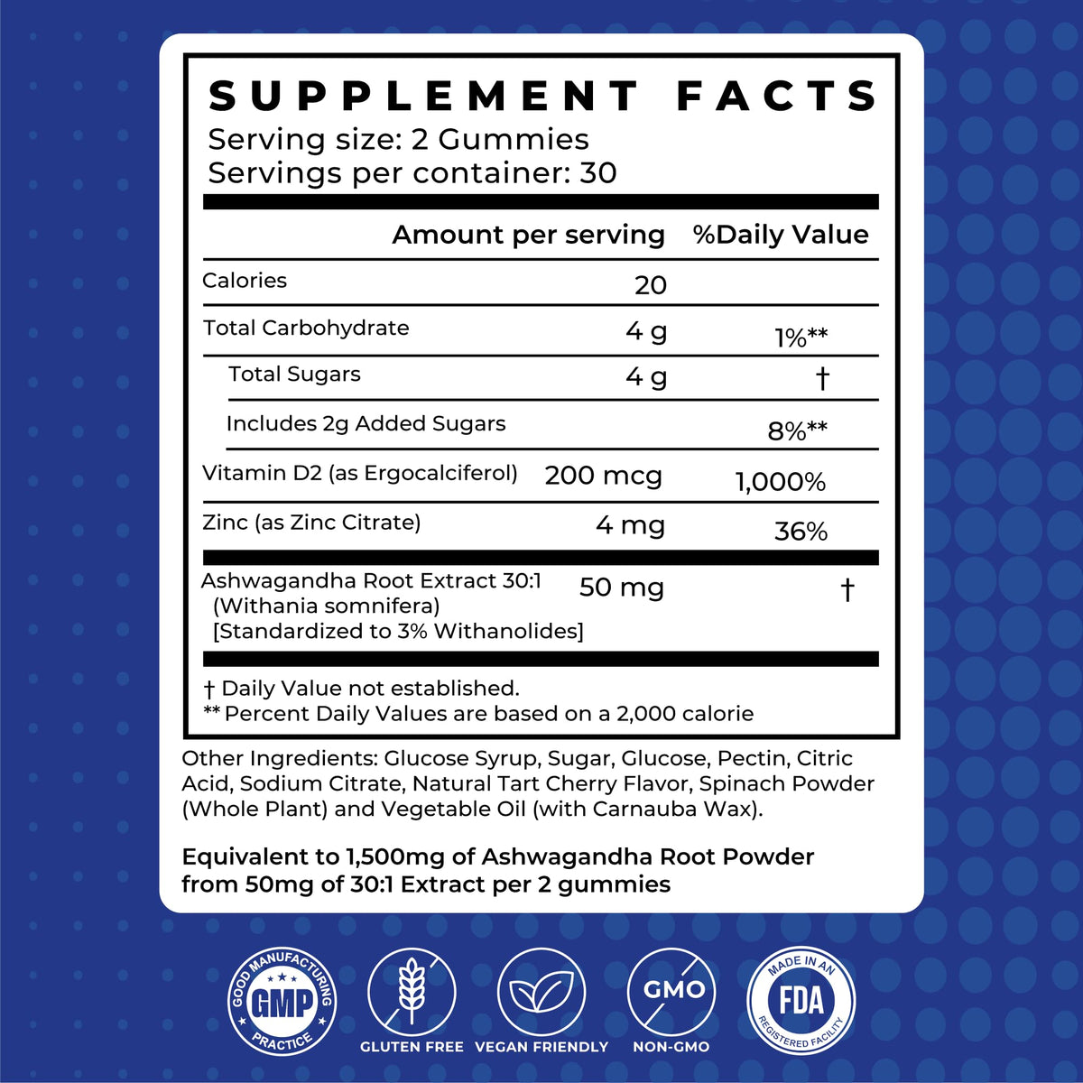 Gusevit Gummies d'Ashwagandha 1 500 mg détails des ingrédients