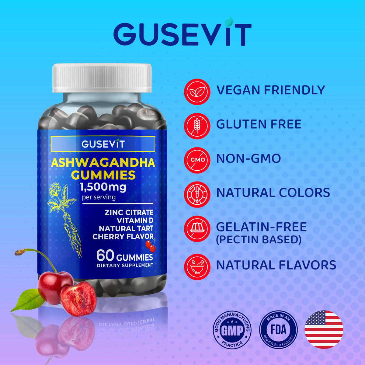 Gusevit Gummies d'Ashwagandha 1 500 mg gummies sur une table