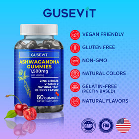 Gusevit Gummies d'Ashwagandha 1 500 mg gummies sur une table