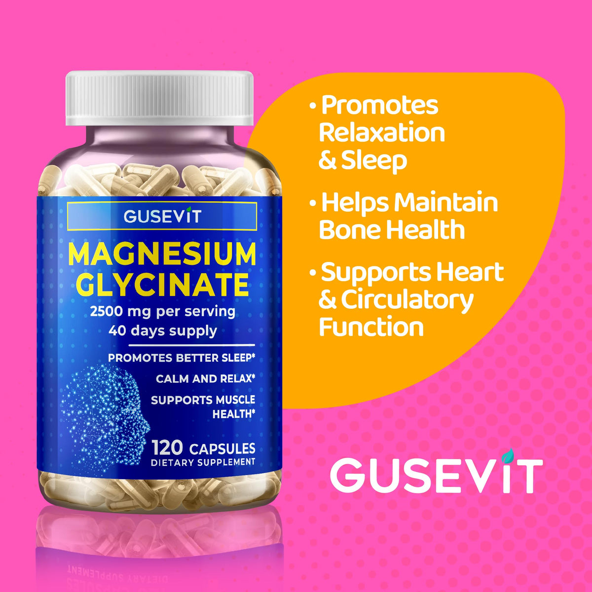 Gusevit Magnésium Glycinate 2500mg capsules sur fond blanc