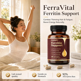 GUSUPY Complément Alimentaire Ferritine Femme, capsules à côté d'un repas