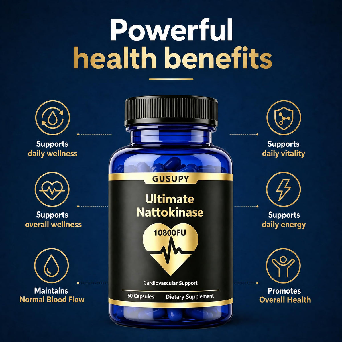 GUSUPY Nattokinase capsules sur fond blanc
