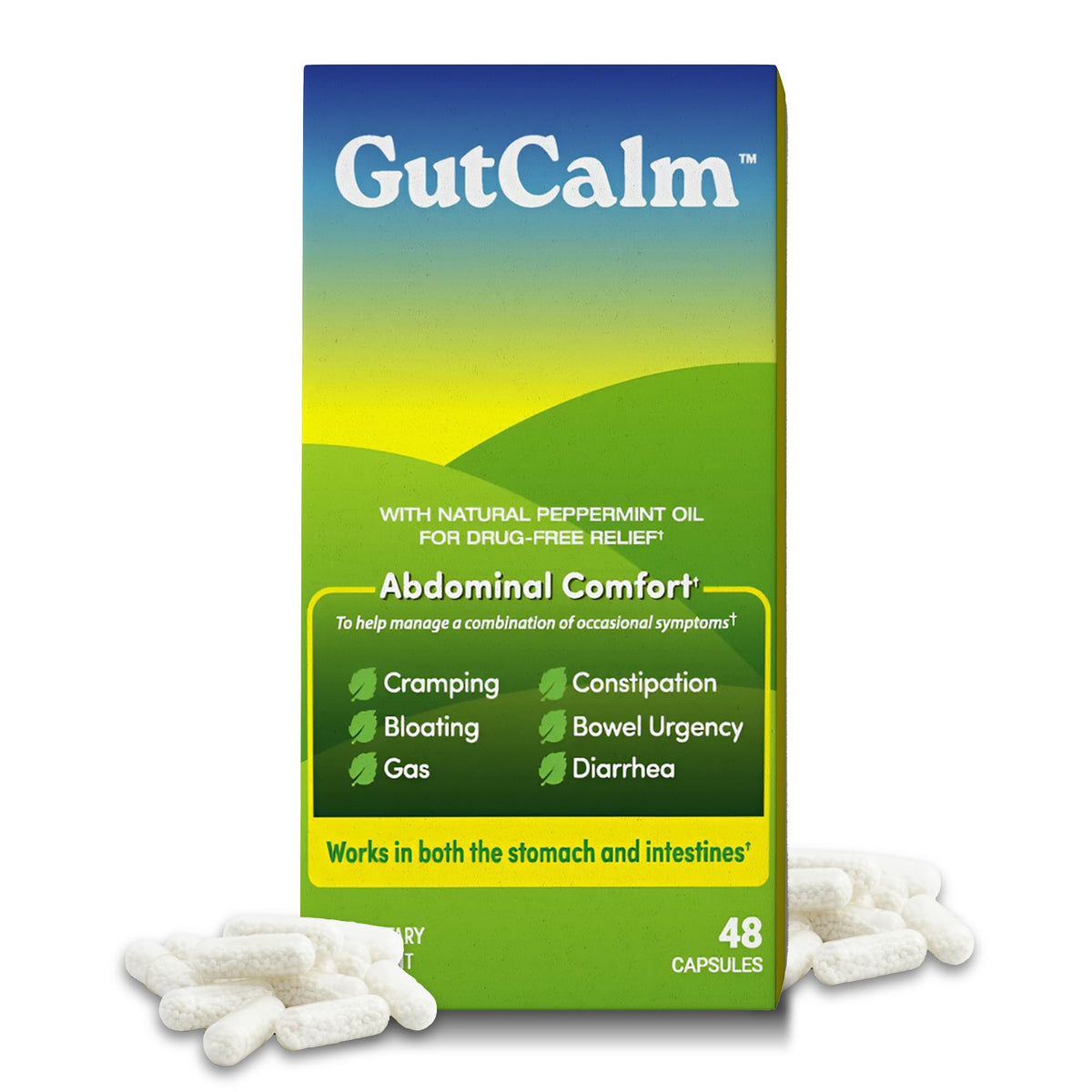 GutCalm capsules d'huile de menthe poivrée, vue de face