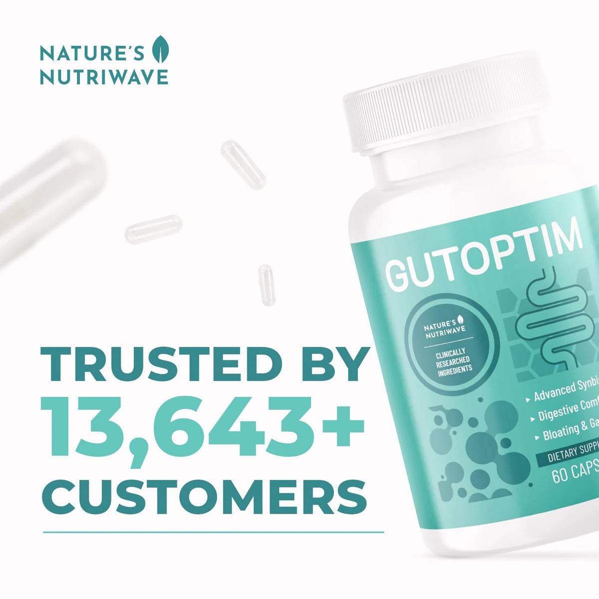 GutOptim capsules pré et probiotiques 60 Ct avec un verre d'eau