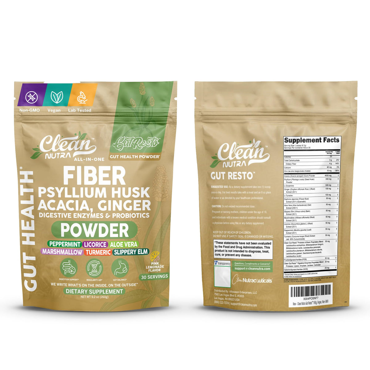 GutResto Clean Nutraceuticals étiquette avec informations nutritionnelles