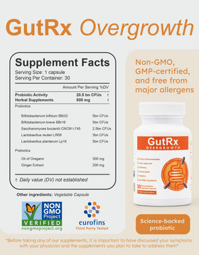 GutRx Overgrowth Probiotiques capsules en main