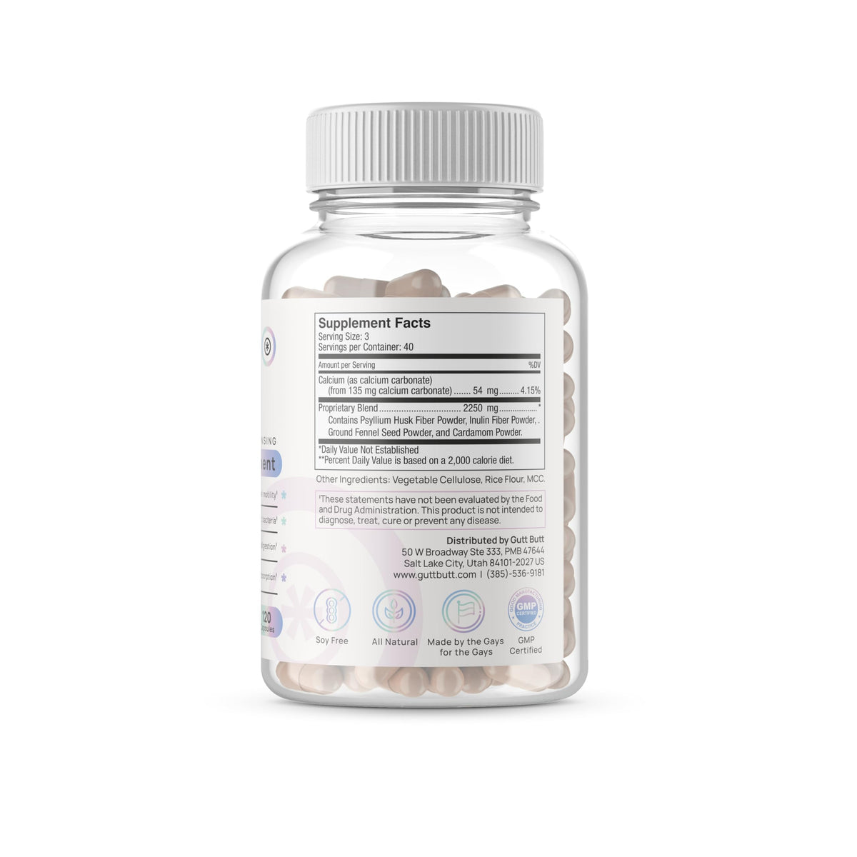 GuttButt complément alimentaire en fibres 120 capsules sur une table