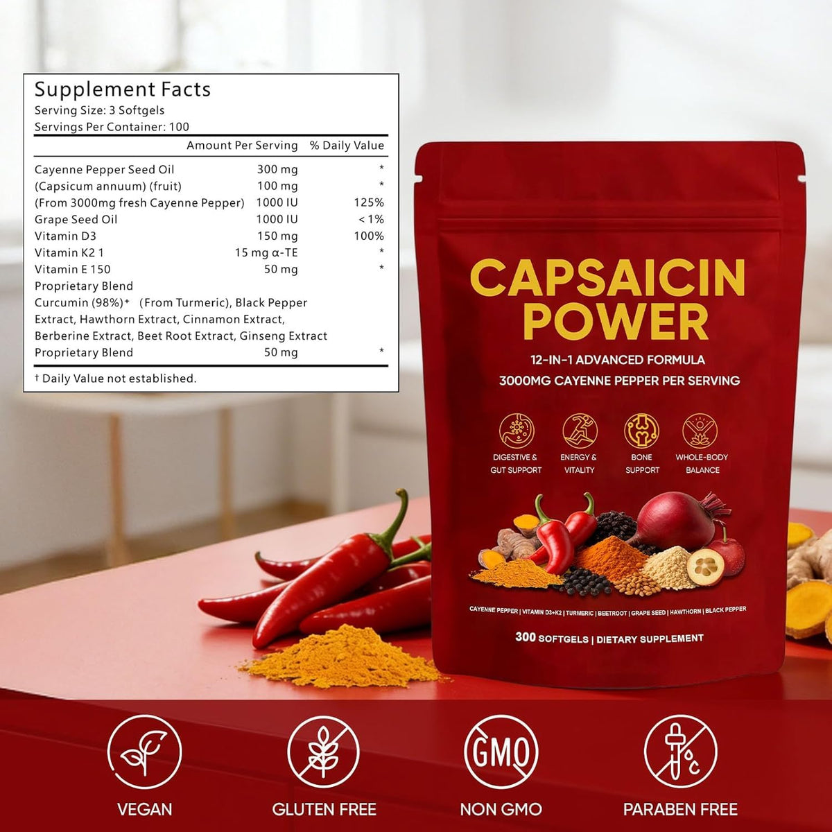 GXSAE Capsaicin Power gélules sur une table en bois
