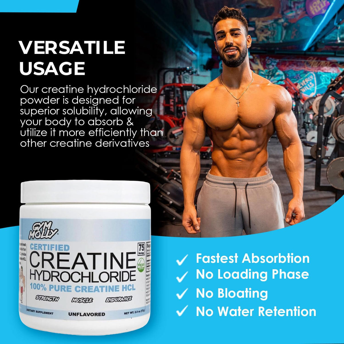 Gym Molly Poudre de Créatine Hydrochlorure 100g avec cuillère doseuse