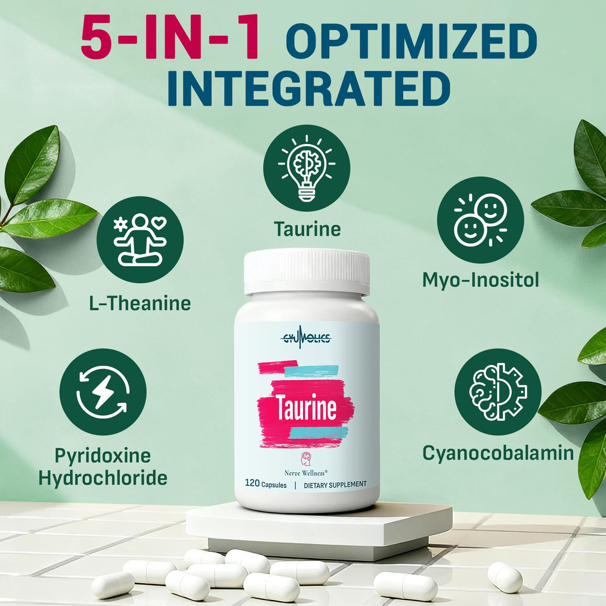 Gyumolics capsules végétariennes de taurine 2000mg sur fond blanc