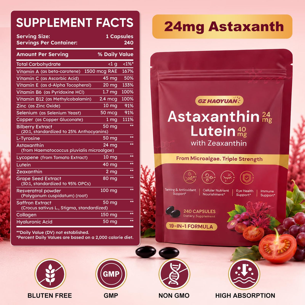 GZ HAOYUAN Astaxanthine 240 capsules avec ambiance zen