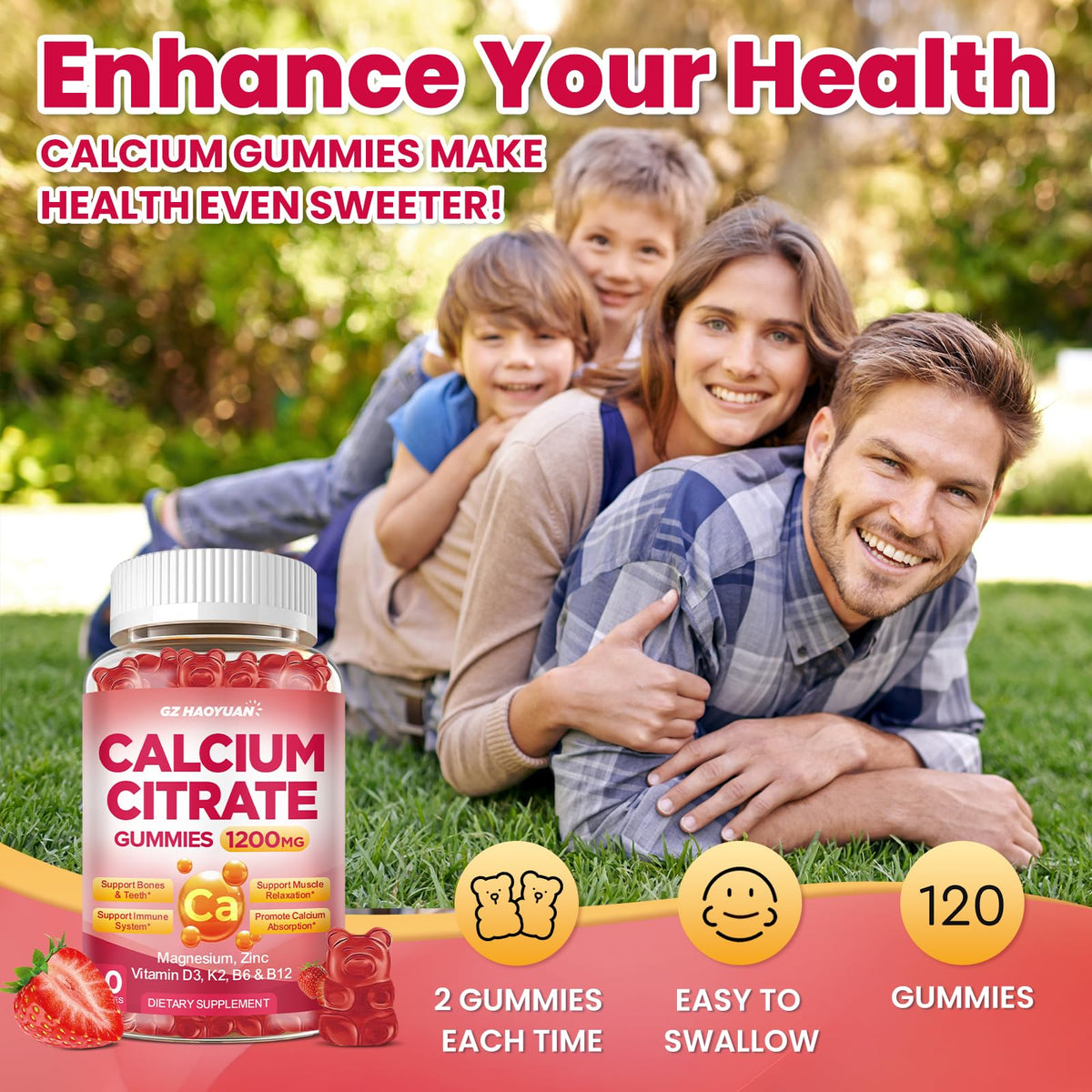 GZ HAOYUAN Calcium Citrate Gummies 1200mg avec goût de fraise