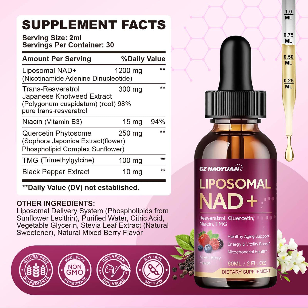 GZ HAOYUAN Complément Alimentaire NAD+ 1200mg Liquide bouteille ouverte
